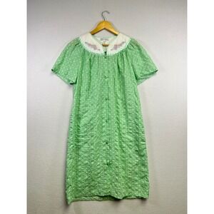 Emily Stacy Womens Short Sleeve Green Polka Dot Floral Neckline Robe M